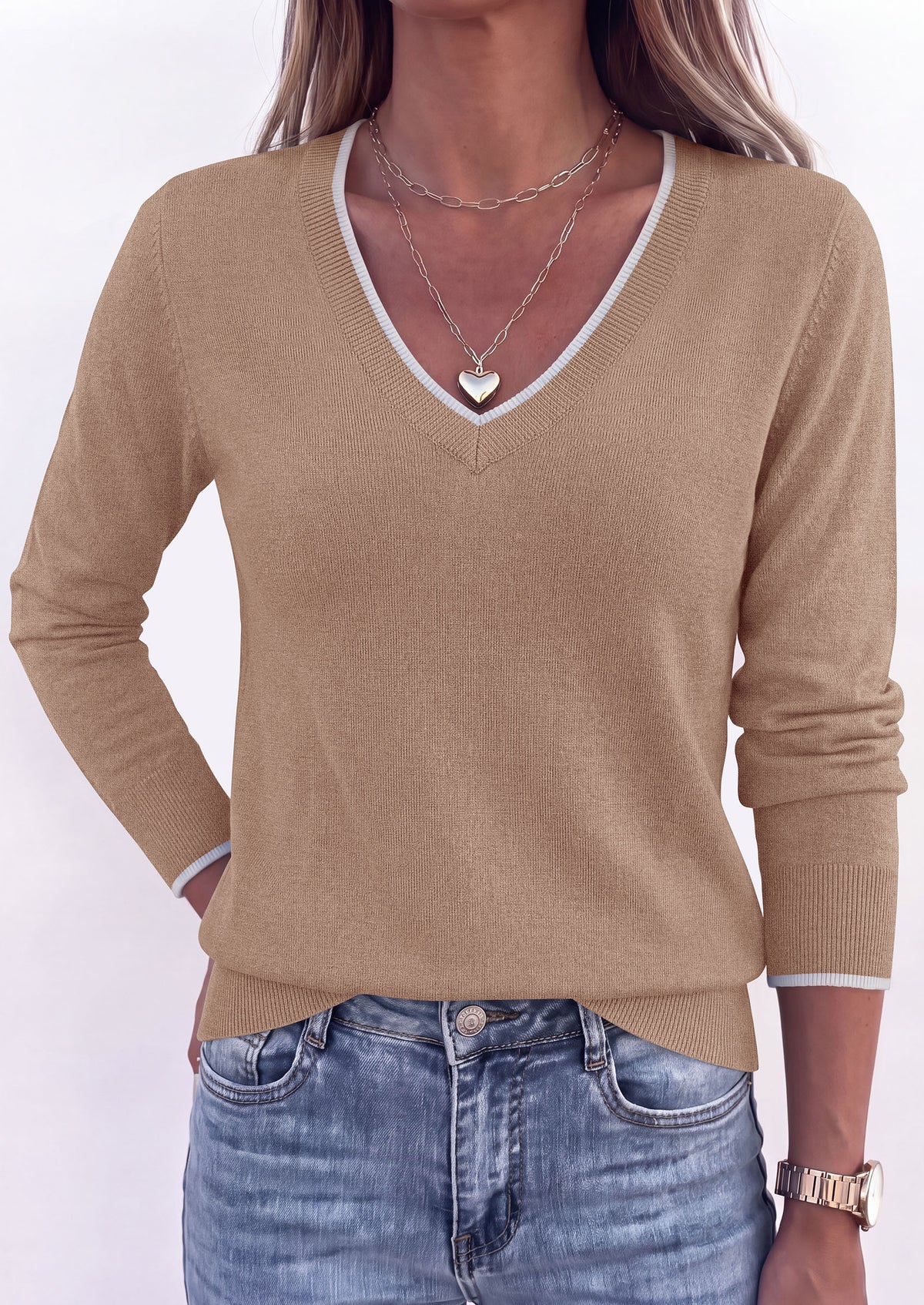 PRETTYGARDEN Women's V Neck Sweater Long Sleeve Knit Tops Patchwork V Neck, Cozy Lightweight Pullover, Loose Basic Soft, Business Casual, Fall Winter Clothes