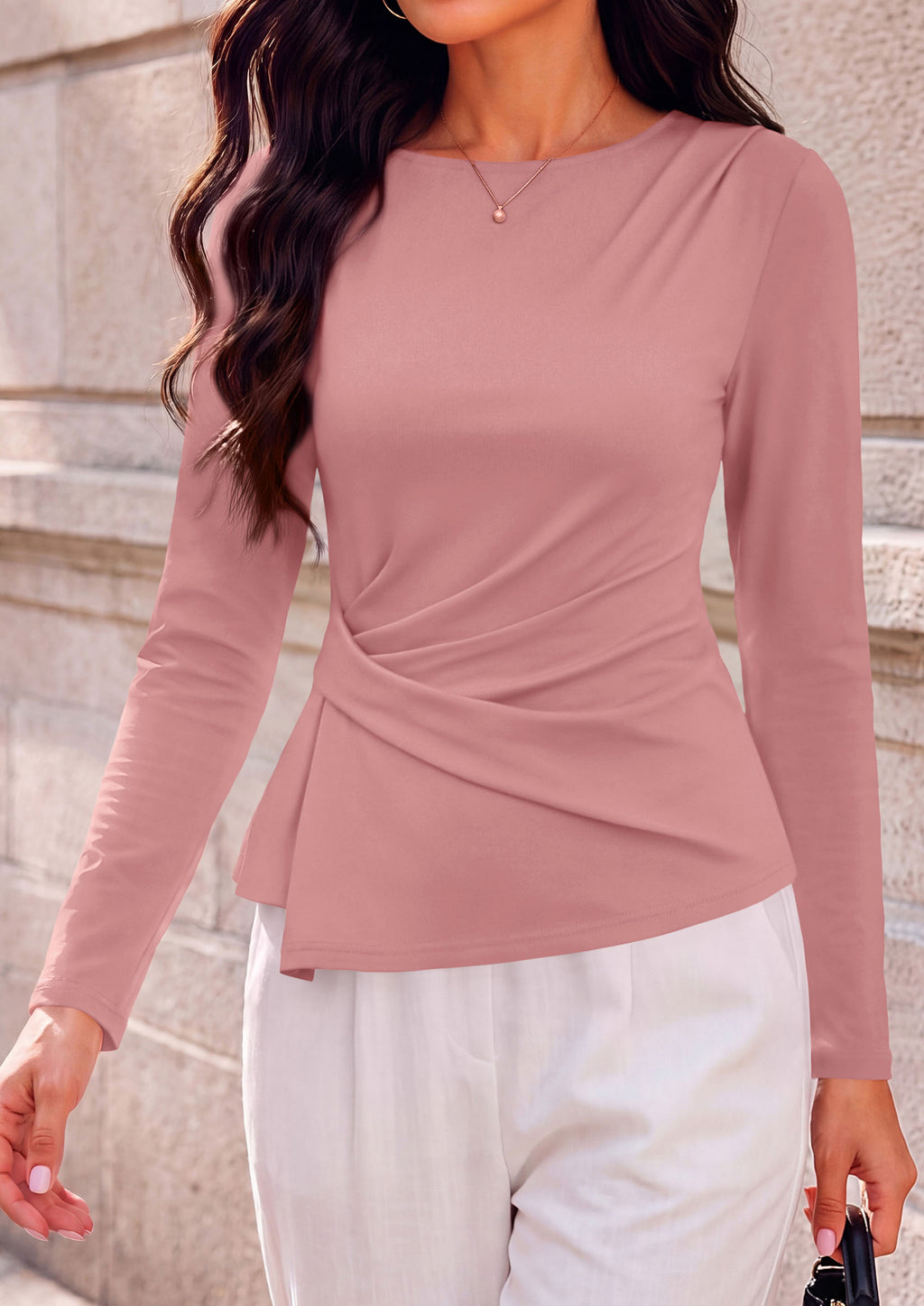 PRETTYGARDEN Womens Ruched Tops Casual Long Sleeve Shirt Soft Stretchy Knit, Round Neck Slim Fitted Shape, Pleated Asymmetrical Hem, Office Work Daily Wear