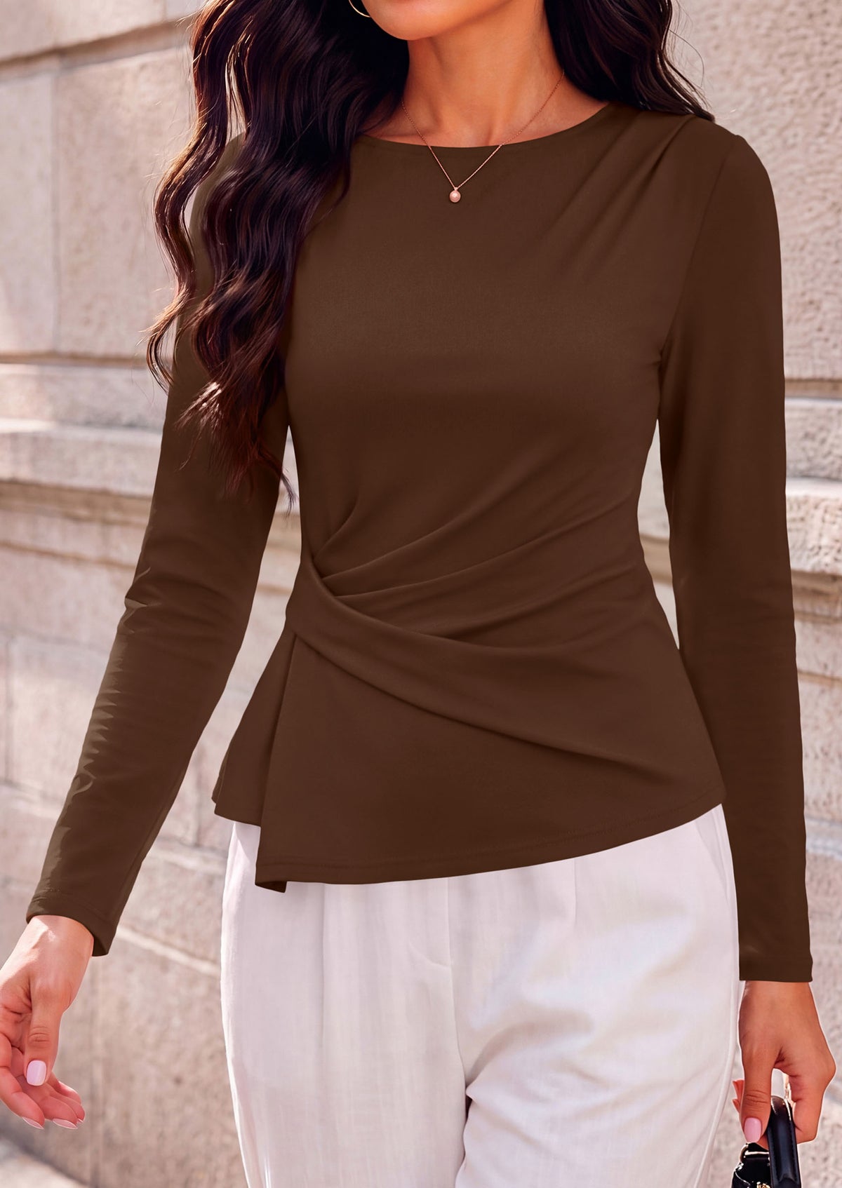 PRETTYGARDEN Womens Ruched Tops Casual Long Sleeve Shirt Soft Stretchy Knit, Round Neck Slim Fitted Shape, Pleated Asymmetrical Hem, Office Work Daily Wear