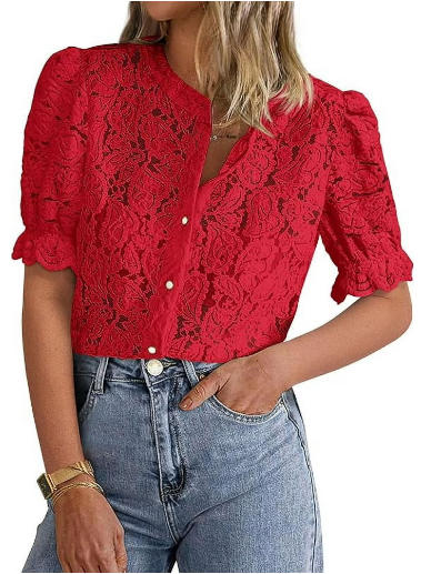 PRETTYGARDEN Womens Spring Lace Tops Short Puff Sleeve Casual Dressy Blouses Eyelet Crew Neck Button Down Shirts