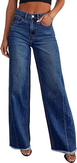 PRETTYGARDEN Wide Leg Jeans for Women Trendy High Waisted Stretchy Baggy Raw Hem Denim Palazzo Pants Fall Clothes