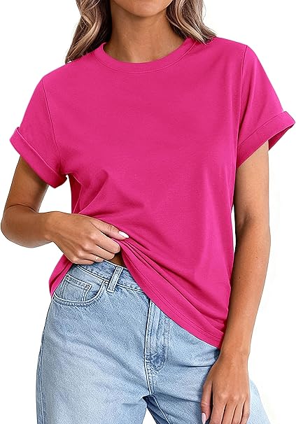 PRETTYGARDEN Womens Summer Tops Spring Casual Rolled Short Sleeve Basic Tees Crew Neck Work Shirts Fashion Clothing