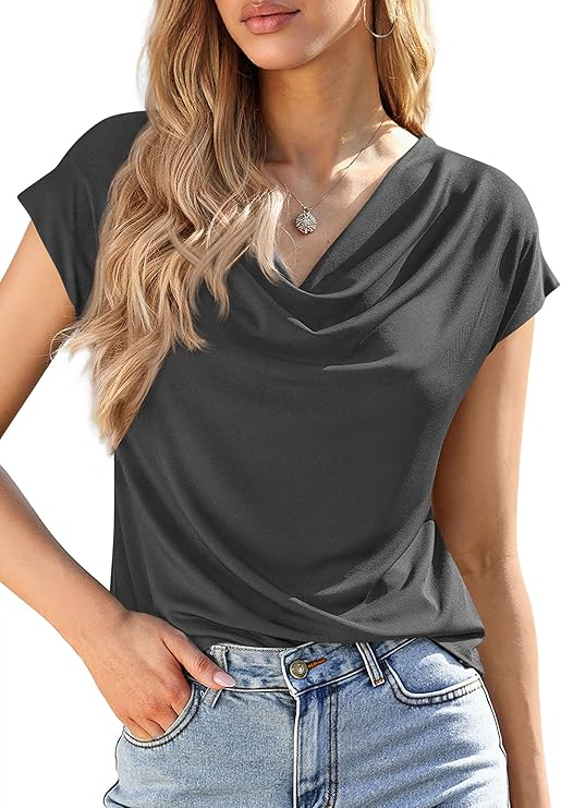 PRETTYGARDEN Womens Tops Dressy Casual Clothing Summer Cowl Neck Short Sleeve Blouses Spring Business Work Office Shirts