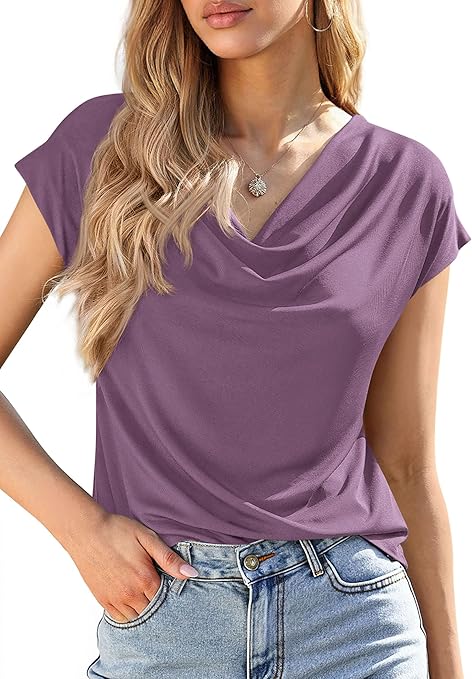 PRETTYGARDEN Womens Tops Dressy Casual Clothing Summer Cowl Neck Short Sleeve Blouses Spring Business Work Office Shirts