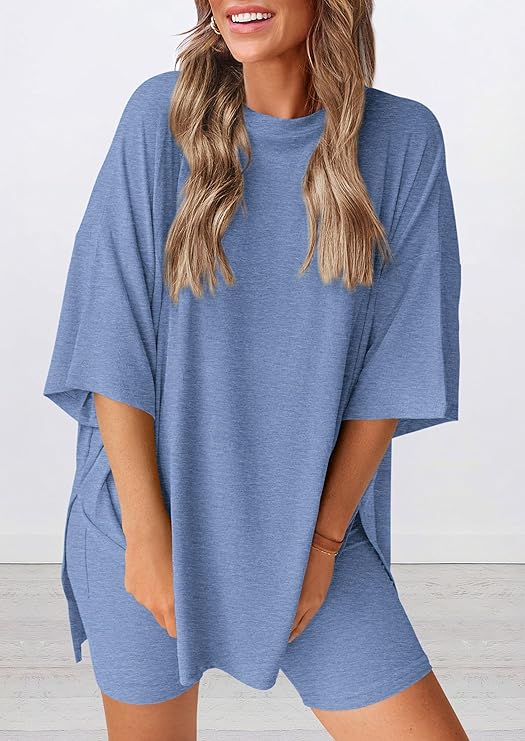 PRETTYGARDEN Women's Two Piece Lounge Set Summer Casual Oversized Shirts Biker Shorts Matching Airport Travel Outfit