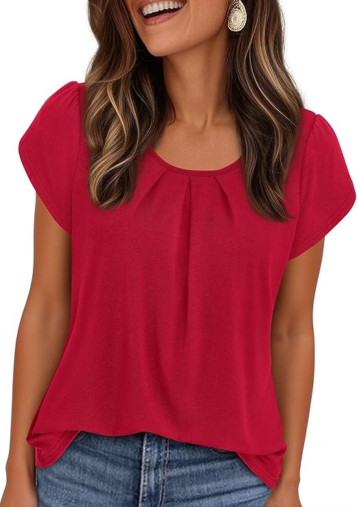 PRETTYGARDEN Womens Tops Dressy Casual Summer Short Sleeve Blouses Crew Neck Pleated Basic T Shirts Spring Clothes