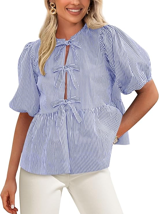PRETTYGARDEN Women's Tie Front Striped Shirt Summer Trendy Fashion Cute Babydoll Tops Peplum Puffy Sleeve Blouse