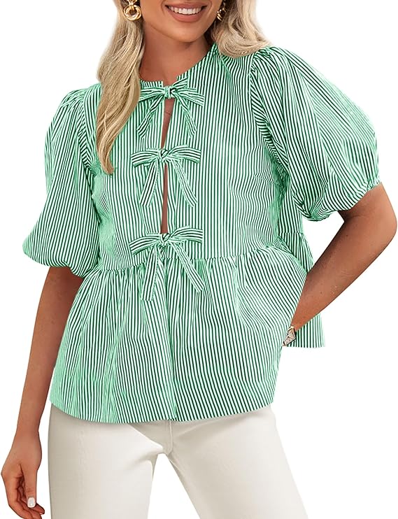 PRETTYGARDEN Women's Tie Front Striped Shirt Summer Trendy Fashion Cute Babydoll Tops Peplum Puffy Sleeve Blouse
