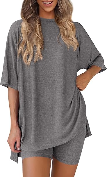 PRETTYGARDEN Women's Two Piece Lounge Set Summer Casual Oversized Shirts Biker Shorts Matching Airport Travel Outfit