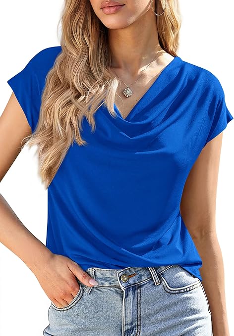 PRETTYGARDEN Womens Tops Dressy Casual Clothing Summer Cowl Neck Short Sleeve Blouses Spring Business Work Office Shirts