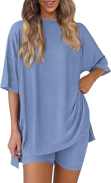 PRETTYGARDEN Women's Two Piece Lounge Set Summer Casual Oversized Shirts Biker Shorts Matching Airport Travel Outfit