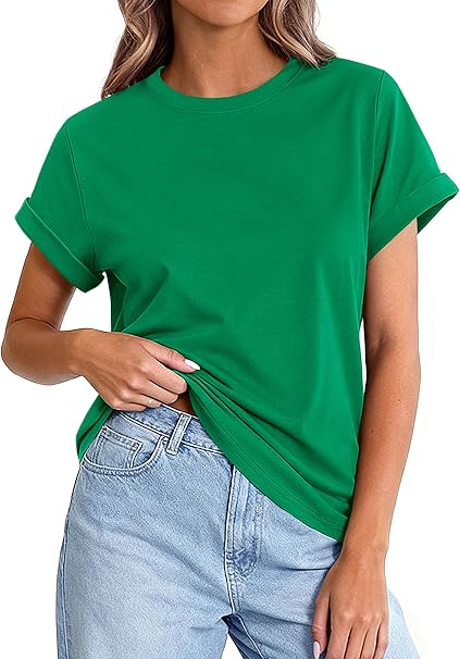 PRETTYGARDEN Womens Summer Tops Spring Casual Rolled Short Sleeve Basic Tees Crew Neck Work Shirts Fashion Clothing