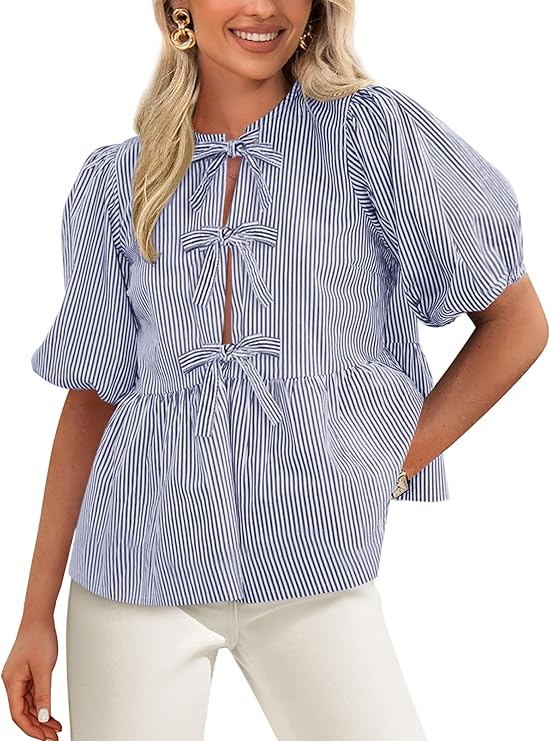 PRETTYGARDEN Women's Tie Front Striped Shirt Summer Trendy Fashion Cute Babydoll Tops Peplum Puffy Sleeve Blouse
