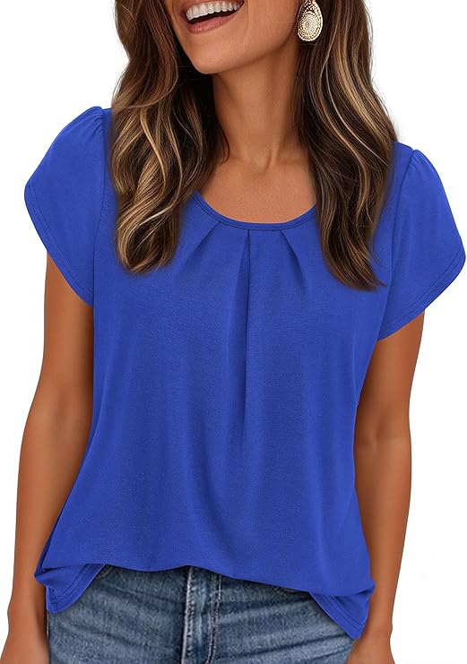 PRETTYGARDEN Womens Tops Dressy Casual Summer Short Sleeve Blouses Crew Neck Pleated Basic T Shirts Spring Clothes