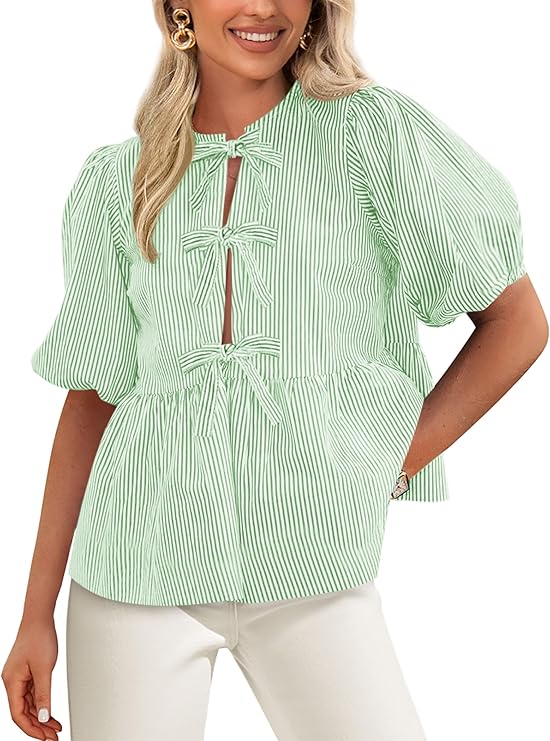 PRETTYGARDEN Women's Tie Front Striped Shirt Summer Trendy Fashion Cute Babydoll Tops Peplum Puffy Sleeve Blouse