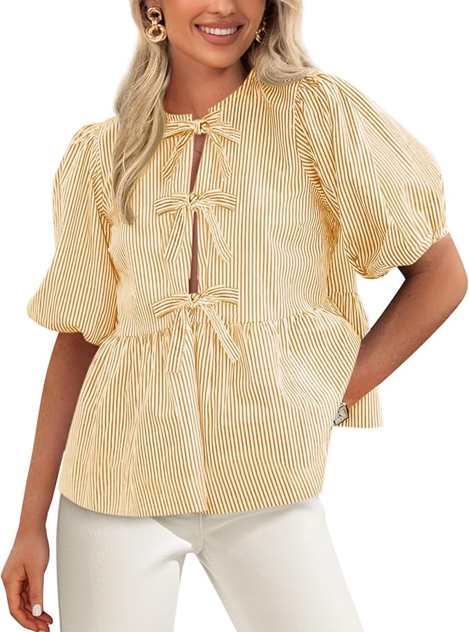PRETTYGARDEN Women's Tie Front Striped Shirt Summer Trendy Fashion Cute Babydoll Tops Peplum Puffy Sleeve Blouse