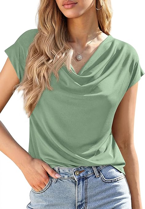 PRETTYGARDEN Womens Tops Dressy Casual Clothing Summer Cowl Neck Short Sleeve Blouses Spring Business Work Office Shirts