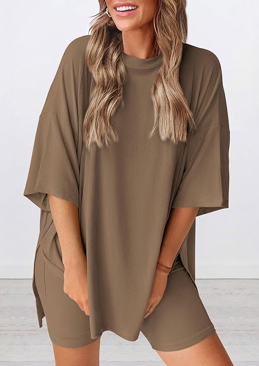 PRETTYGARDEN Women's Two Piece Lounge Set Summer Casual Oversized Shirts Biker Shorts Matching Airport Travel Outfit