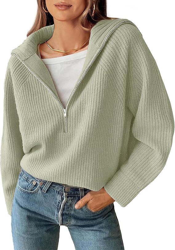 FreshPretty Women’s Casual Long Sleeve Half Zip Pullover Sweaters Solid V Neck Collar Ribbed Knitted Loose Slouchy Jumper Tops