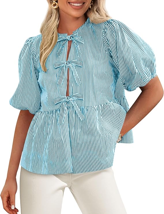 PRETTYGARDEN Women's Tie Front Striped Shirt Summer Trendy Fashion Cute Babydoll Tops Peplum Puffy Sleeve Blouse