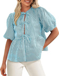 PRETTYGARDEN Women's Tie Front Striped Shirt Summer Trendy Fashion Cute Babydoll Tops Peplum Puffy Sleeve Blouse