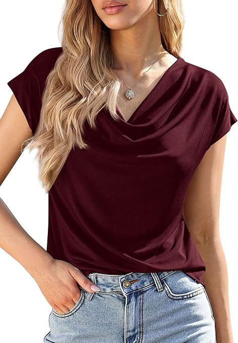 PRETTYGARDEN Womens Tops Dressy Casual Clothing Summer Cowl Neck Short Sleeve Blouses Spring Business Work Office Shirts