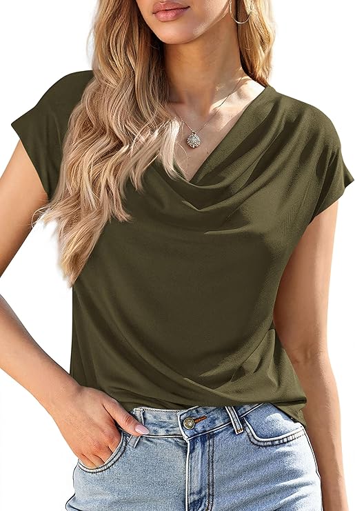 PRETTYGARDEN Womens Tops Dressy Casual Clothing Summer Cowl Neck Short Sleeve Blouses Spring Business Work Office Shirts