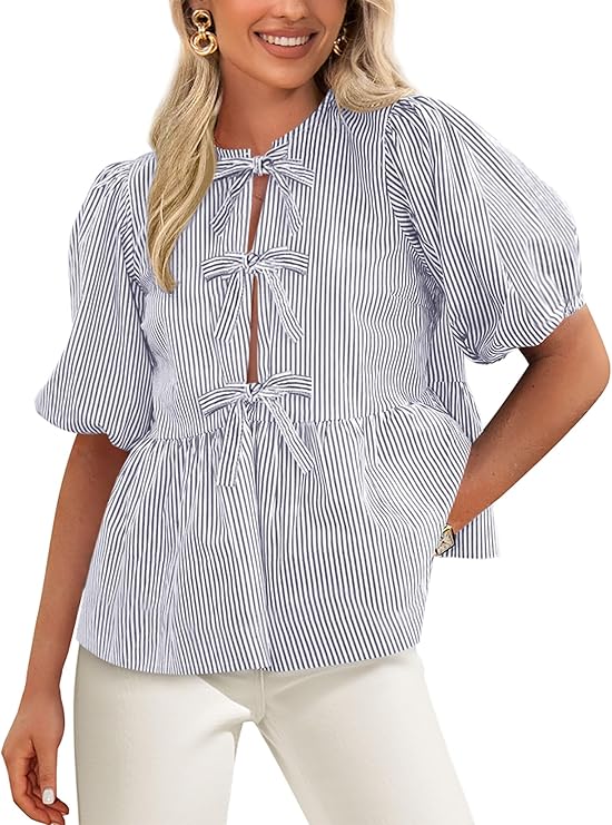 PRETTYGARDEN Women's Tie Front Striped Shirt Summer Trendy Fashion Cute Babydoll Tops Peplum Puffy Sleeve Blouse