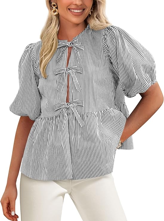 PRETTYGARDEN Women's Tie Front Striped Shirt Summer Trendy Fashion Cute Babydoll Tops Peplum Puffy Sleeve Blouse