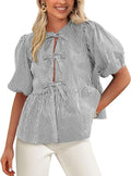 PRETTYGARDEN Women's Tie Front Striped Shirt Summer Trendy Fashion Cute Babydoll Tops Peplum Puffy Sleeve Blouse