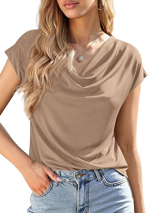PRETTYGARDEN Womens Tops Dressy Casual Clothing Summer Cowl Neck Short Sleeve Blouses Spring Business Work Office Shirts
