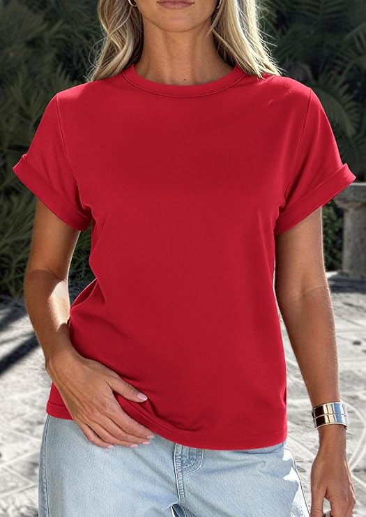PRETTYGARDEN Womens Summer Tops Spring Casual Rolled Short Sleeve Basic Tees Crew Neck Work Shirts Fashion Clothing