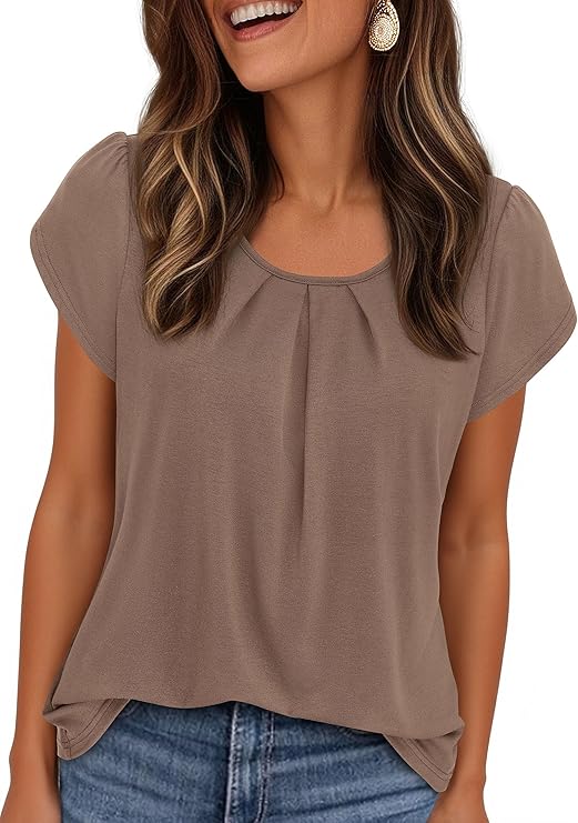 PRETTYGARDEN Womens Tops Dressy Casual Summer Short Sleeve Blouses Crew Neck Pleated Basic T Shirts Spring Clothes