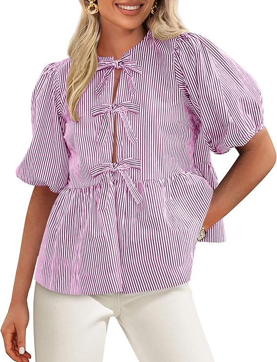 PRETTYGARDEN Women's Tie Front Striped Shirt Summer Trendy Fashion Cute Babydoll Tops Peplum Puffy Sleeve Blouse