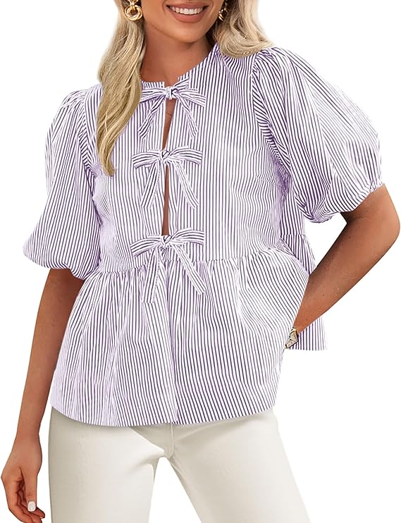 PRETTYGARDEN Women's Tie Front Striped Shirt Summer Trendy Fashion Cute Babydoll Tops Peplum Puffy Sleeve Blouse
