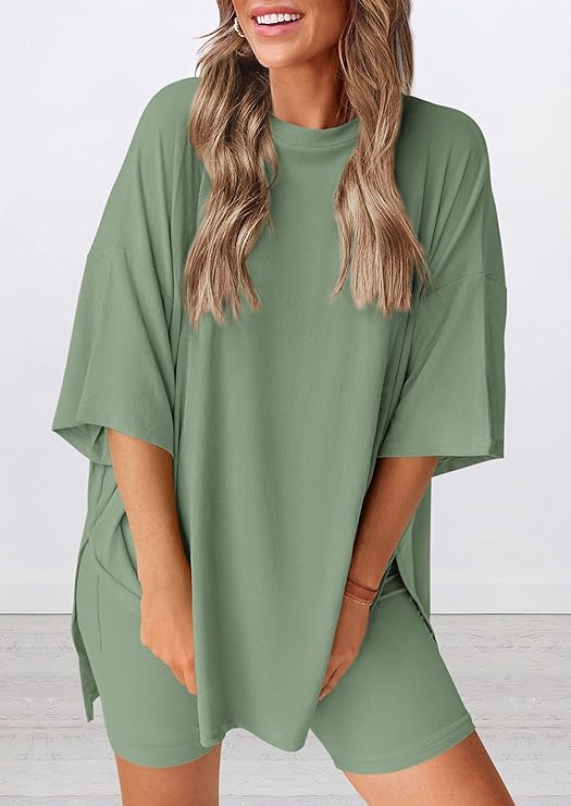 PRETTYGARDEN Women's Two Piece Lounge Set Summer Casual Oversized Shirts Biker Shorts Matching Airport Travel Outfit