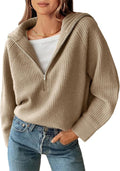 FreshPretty Women’s Casual Long Sleeve Half Zip Pullover Sweaters Solid V Neck Collar Ribbed Knitted Loose Slouchy Jumper Tops