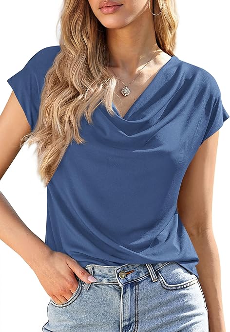 PRETTYGARDEN Womens Tops Dressy Casual Clothing Summer Cowl Neck Short Sleeve Blouses Spring Business Work Office Shirts