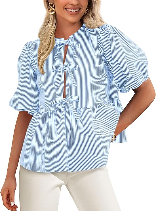 PRETTYGARDEN Women's Tie Front Striped Shirt Summer Trendy Fashion Cute Babydoll Tops Peplum Puffy Sleeve Blouse
