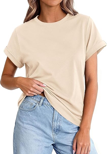 PRETTYGARDEN Womens Summer Tops Spring Casual Rolled Short Sleeve Basic Tees Crew Neck Work Shirts Fashion Clothing