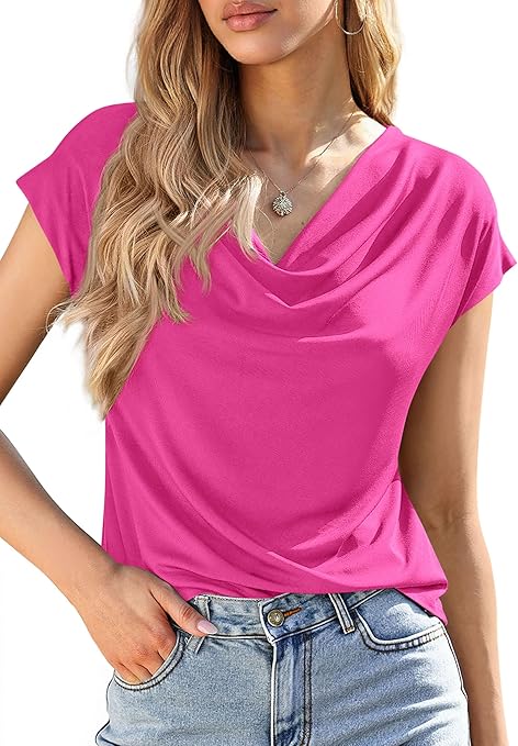 PRETTYGARDEN Womens Tops Dressy Casual Clothing Summer Cowl Neck Short Sleeve Blouses Spring Business Work Office Shirts