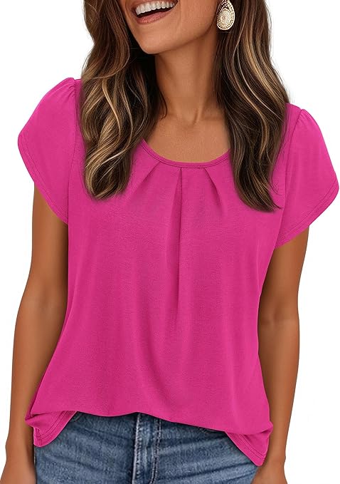 PRETTYGARDEN Womens Tops Dressy Casual Summer Short Sleeve Blouses Crew Neck Pleated Basic T Shirts Spring Clothes