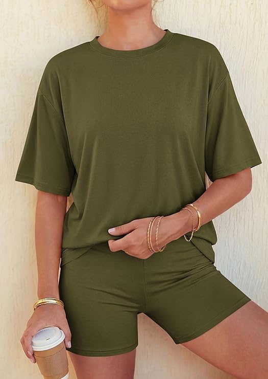 PRETTYGARDEN Women's Summer 2 Piece Sets Casual Lounge Set Short Sleeve Tops Shirts Shorts Travel Beach Vacation Outfits