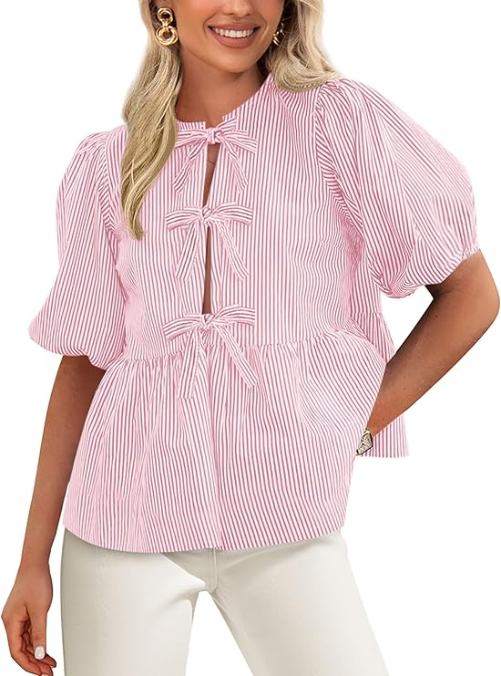 PRETTYGARDEN Women's Tie Front Striped Shirt Summer Trendy Fashion Cute Babydoll Tops Peplum Puffy Sleeve Blouse
