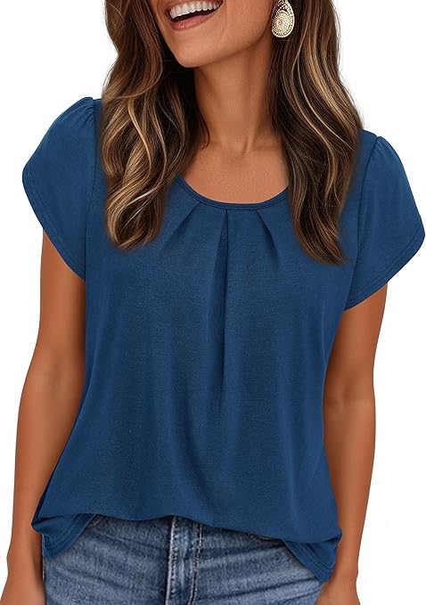 PRETTYGARDEN Womens Tops Dressy Casual Summer Short Sleeve Blouses Crew Neck Pleated Basic T Shirts Spring Clothes