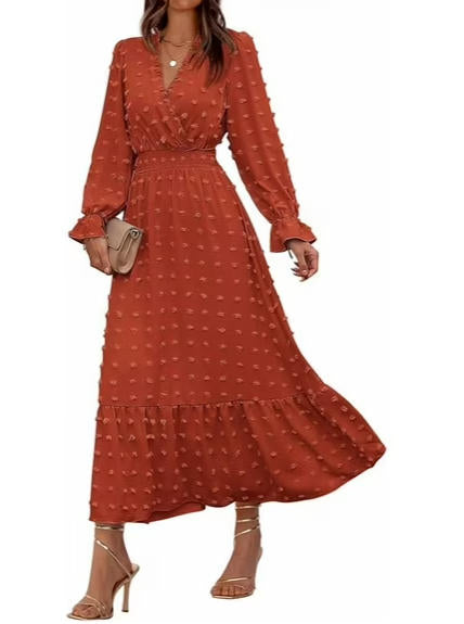 FreshPretty Women Fall Maxi Dresses Long Sleeve V Neck Swiss Dots High Waisted A-Line Ruffle Boho Long Dress Vacation
