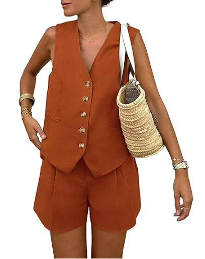 PRETTYGARDEN Women's Summer 2 Piece Outfits Sleeveless Matching Sets Button Down V Neck Vest Waistcoat and Pockets Shorts