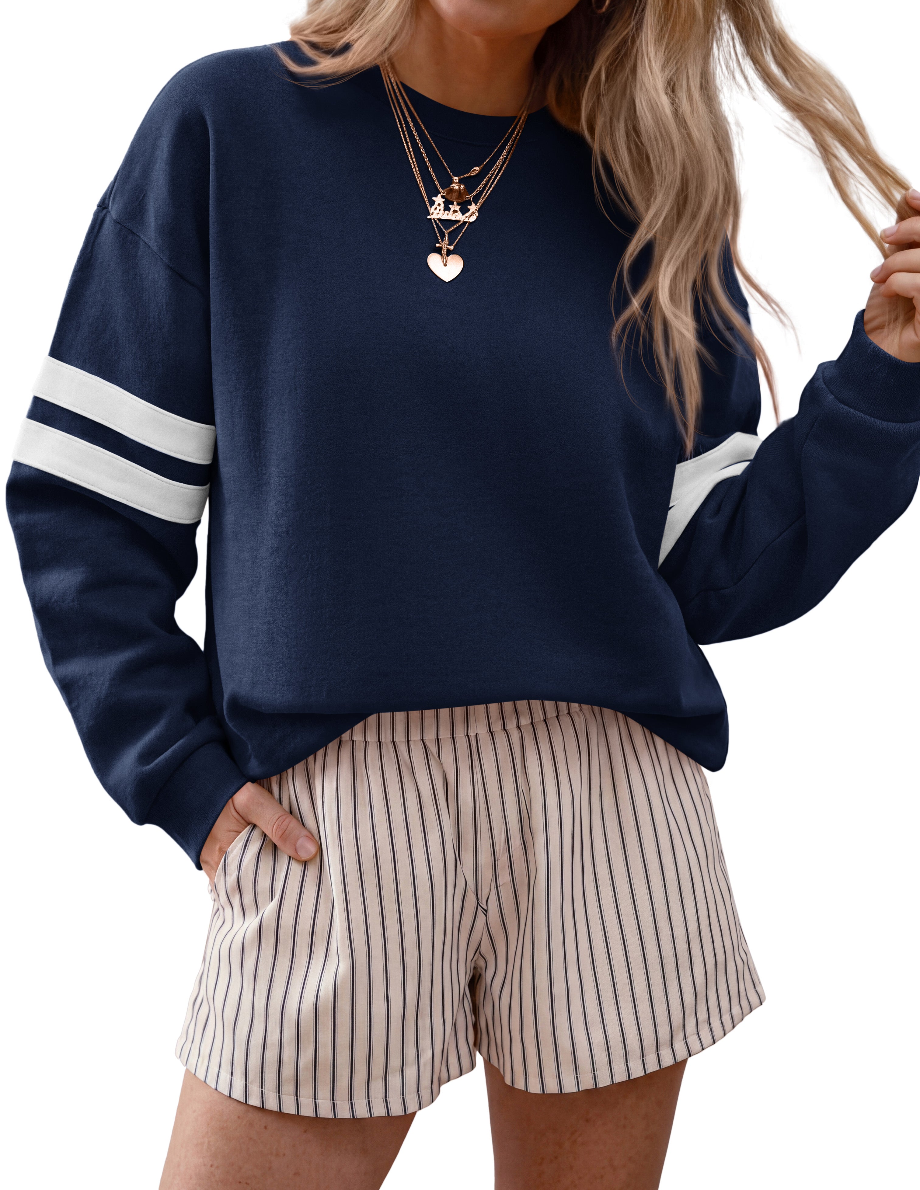 BTFBM Womens Oversized Sweatshirt Varsity Striped Tops Casual Long Sleeve Crewneck Drop Shoulder Knit Pullover Sweatshirts,Retro Sporty,Work,School,Holiday,Fall Winter