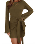 FreshPretty Women Bell Long Sleeve Tie Waist Bodycon Mini Dress,Casual Fall Fashion Boat Neck Short Dresses,Cute Winter Tie Front Party Vacation Clothes,Soft Ribbed Knit Spring Outfits