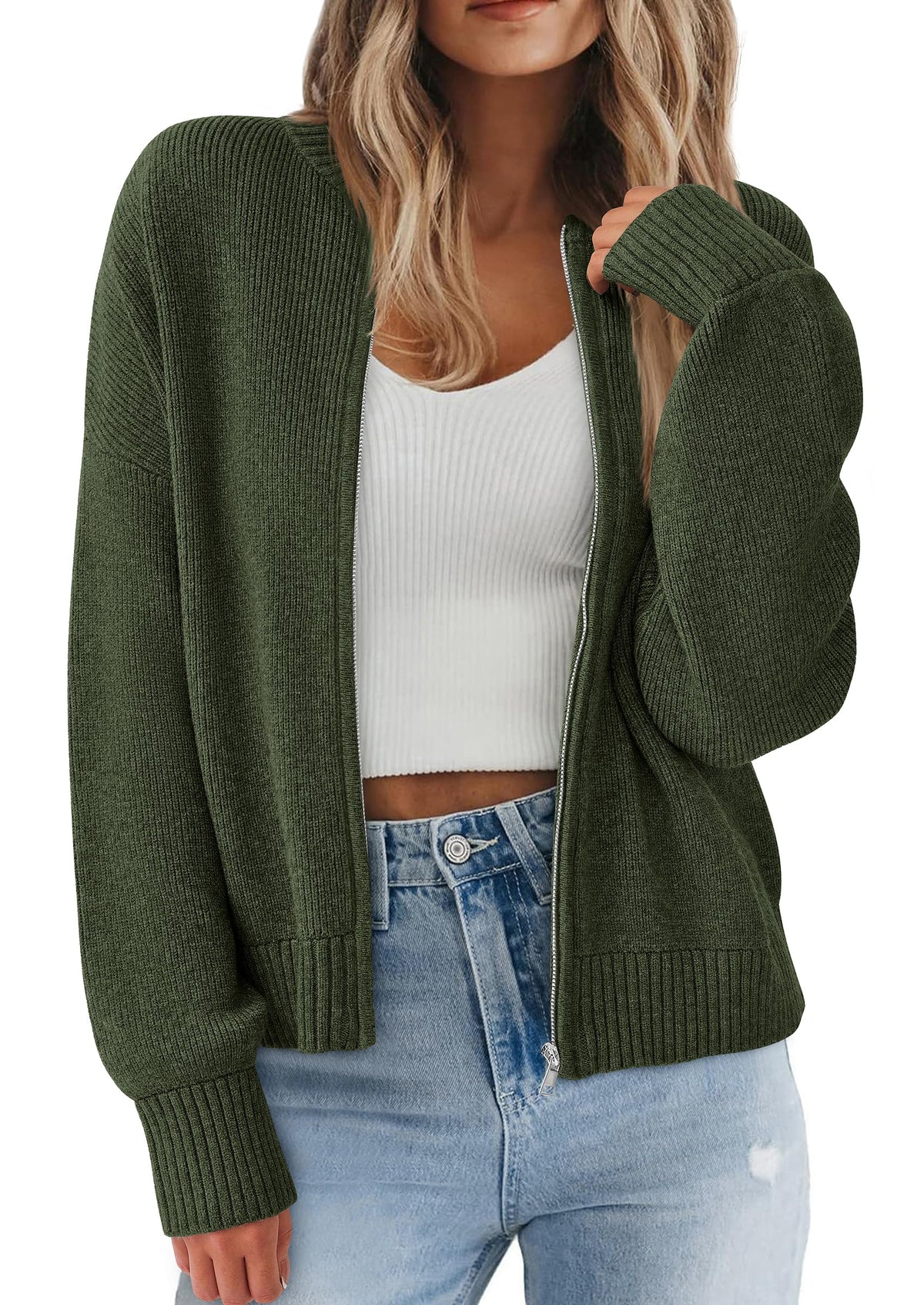FreshPretty Women's Chunky Knit Zipper Cardigan Sweaters Fall Open Front,Zip Up Short Cardigans Trendy,Cozy Sweater,Long Sleeve,Business Casual Clothes,Ribbed Knit,Winter Outerwear Coats